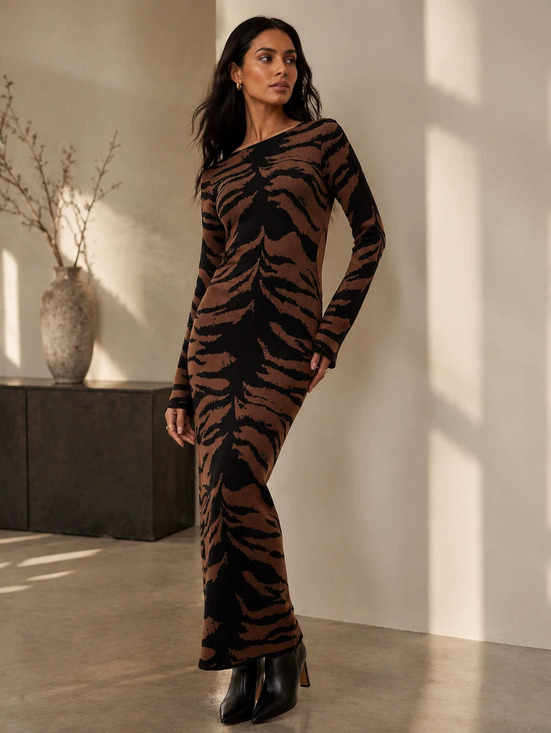 Zara Dresses & Skirts - Zara Brown Printed Long Sleeve Knit Bodycon Side Slit Dress